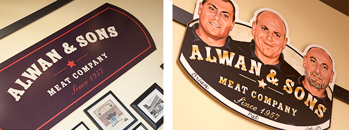 Interior logo and identity materials at Alwan and Sons location